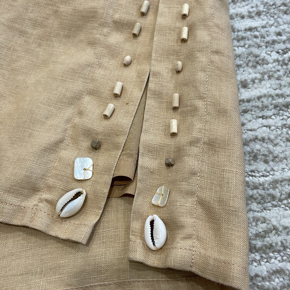 Cavita 100% Linen Beaded Seashell Maxi Skirt Size 18 Khaki Tan A-Line Side Slit - Picture 8 of 14